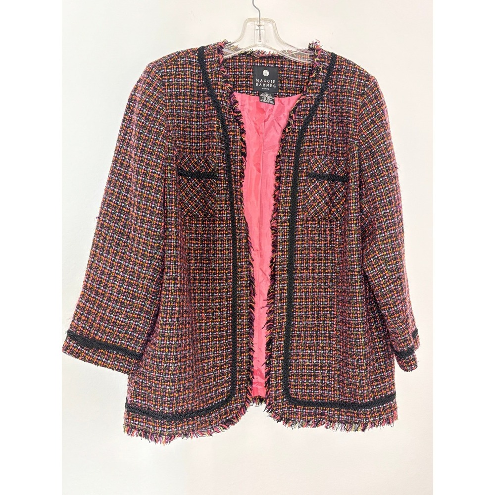 Maggie Barnes Petite Tweed Jacket Multi-Color Open Front Braided Trim 16WP